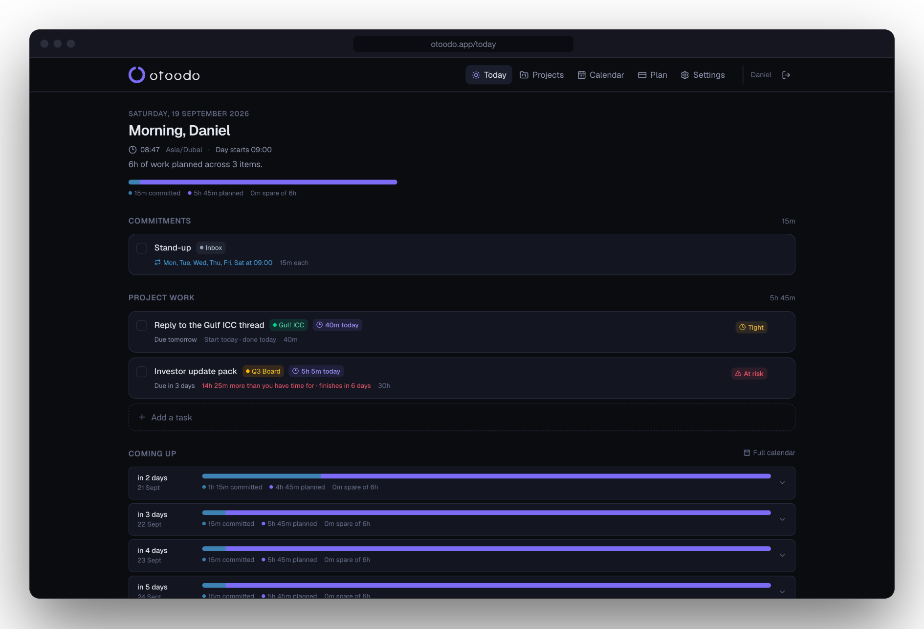 otoodo's Today screen: a six-hour day fully planned, with one task flagged as 14 hours 25 minutes more than there is time for.