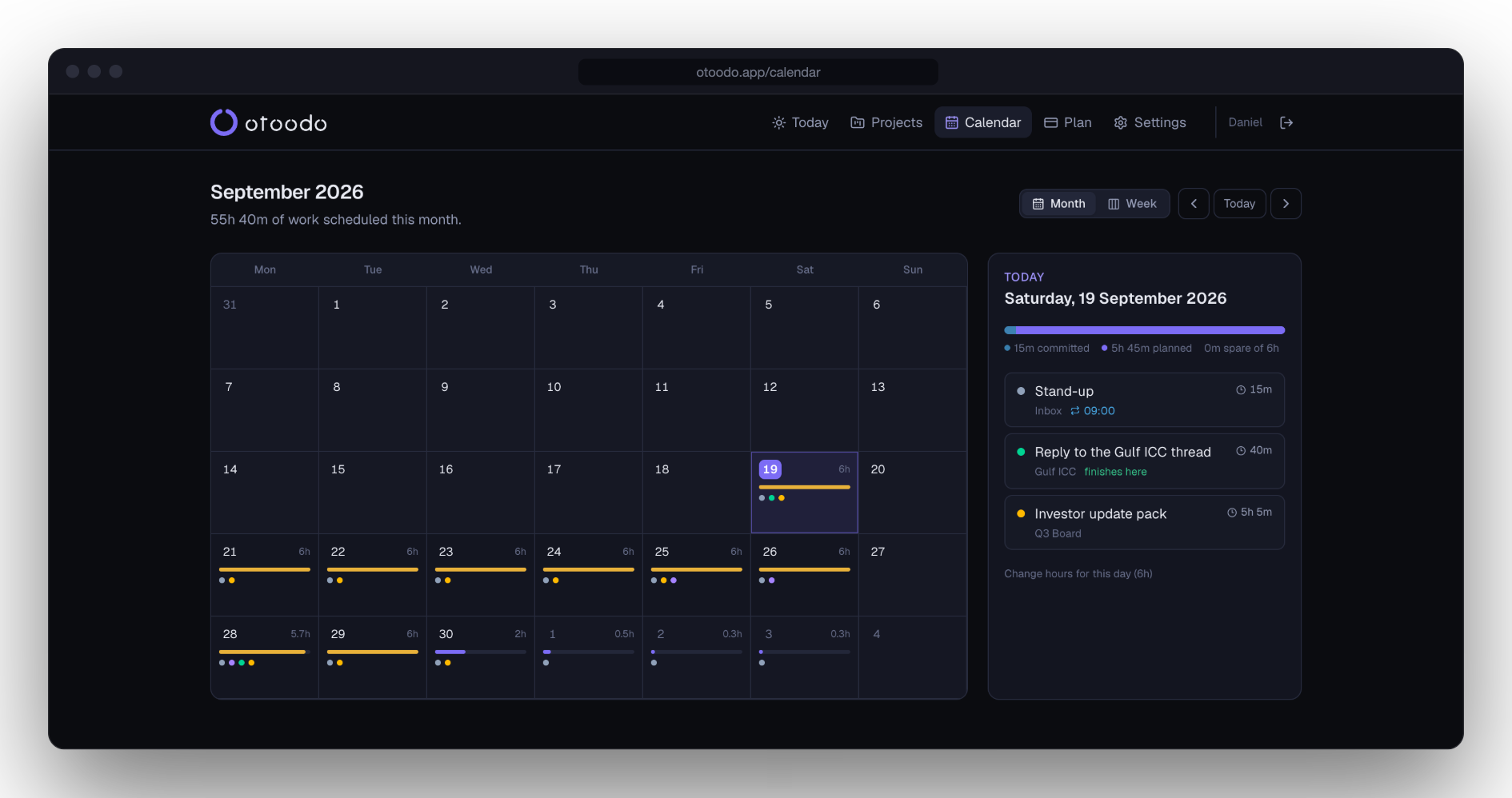 A month view where each day carries a load bar. Eight consecutive working days are full, then the load falls away.