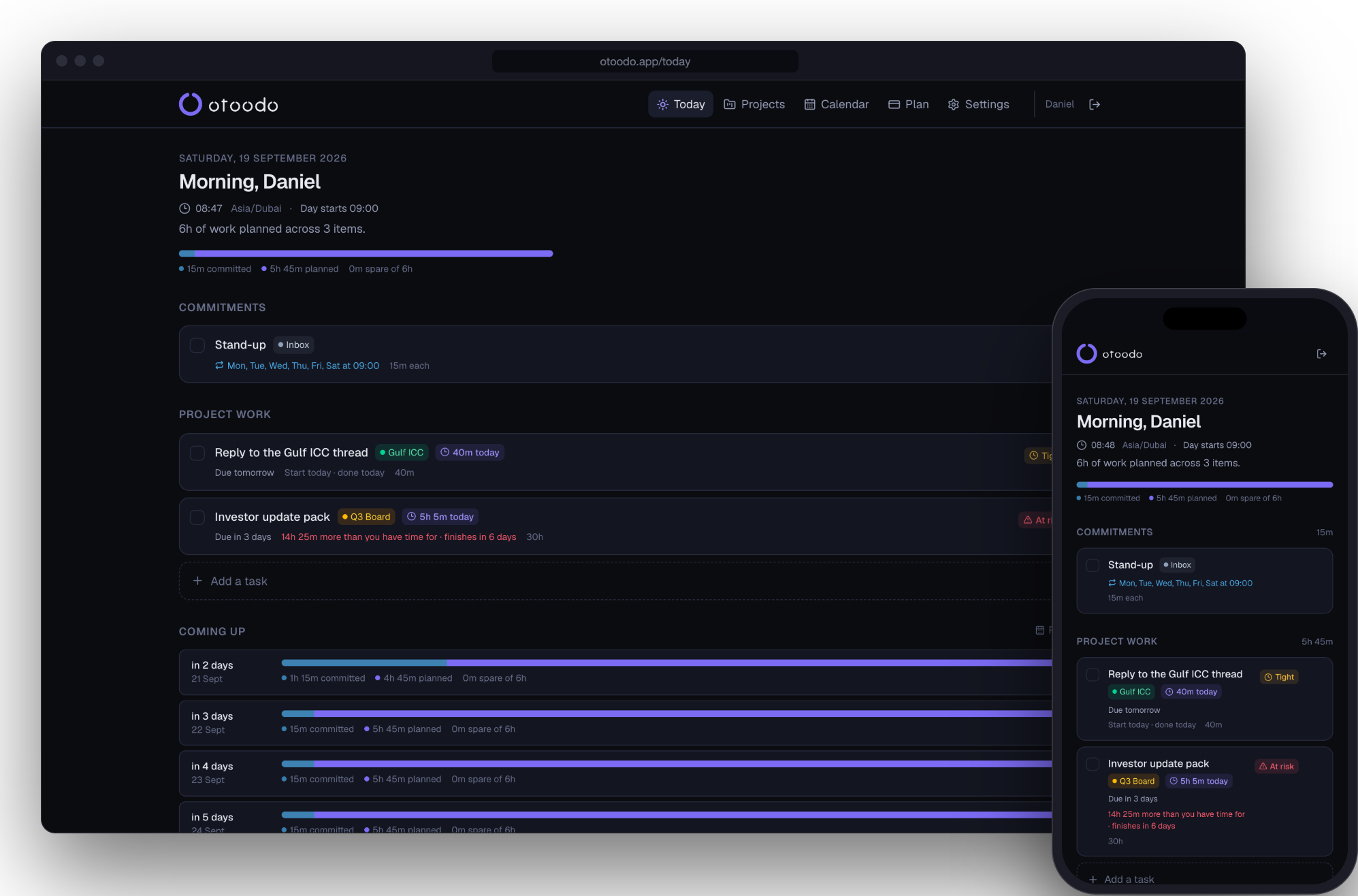 otoodo's Today screen in a browser and on a phone. Six hours of work are planned into a six-hour day, and the investor update pack is flagged at risk: 14 hours 25 minutes more than there is time for.