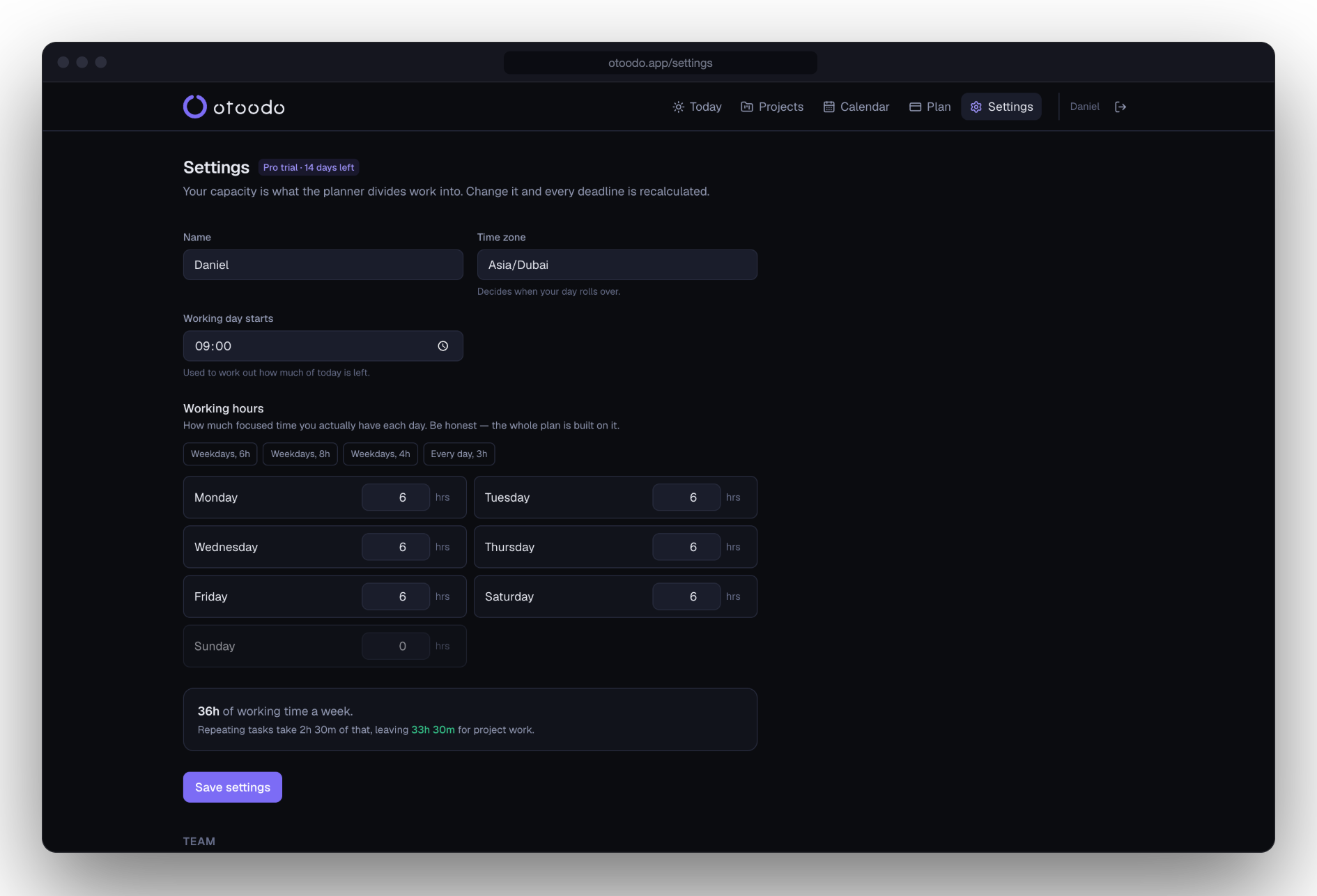 The working hours settings: six hours on each of six days, 36 hours a week, with repeating tasks taking 2 hours 30 minutes of that.