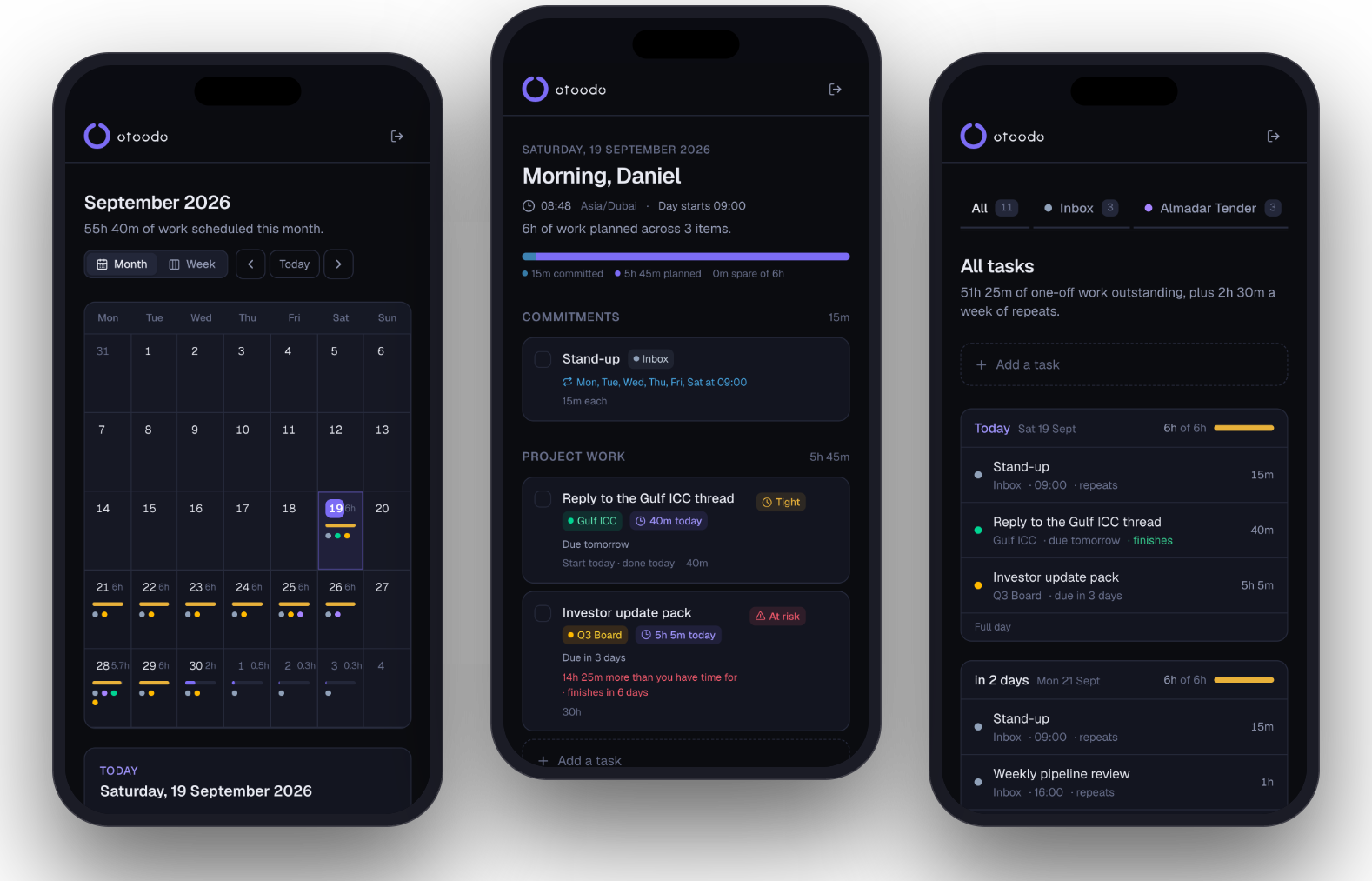 Three phones showing otoodo's calendar load map, Today screen and task list.